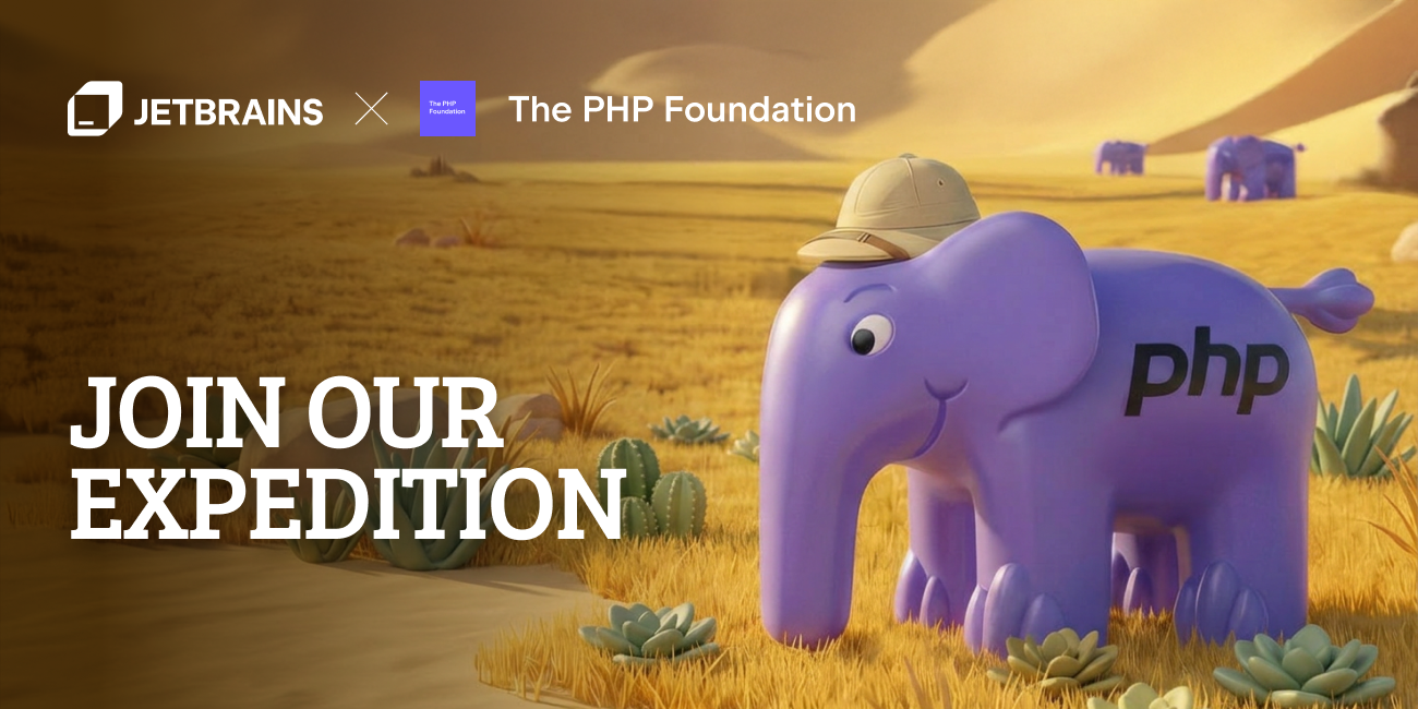illustrated PHP elephant with a safari hat and the words join our expedition.